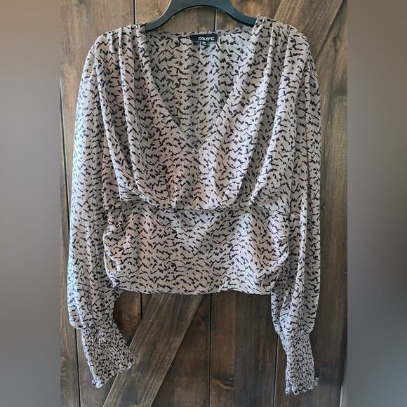 Talent Blouse Womens Size 1XL Brown Black Low V Neck Sheer Smocked Bottom Casual - Picture 4 of 8